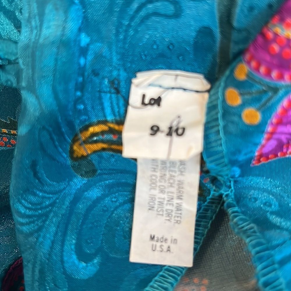 Vintage 70’s Lord&Taylor paisley print teal dress w/shoulder pads,elastic waist. - Picture 7 of 14